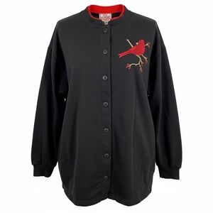 Red & black vintage 90’s cardigan with embroidered cardinal bird design XL